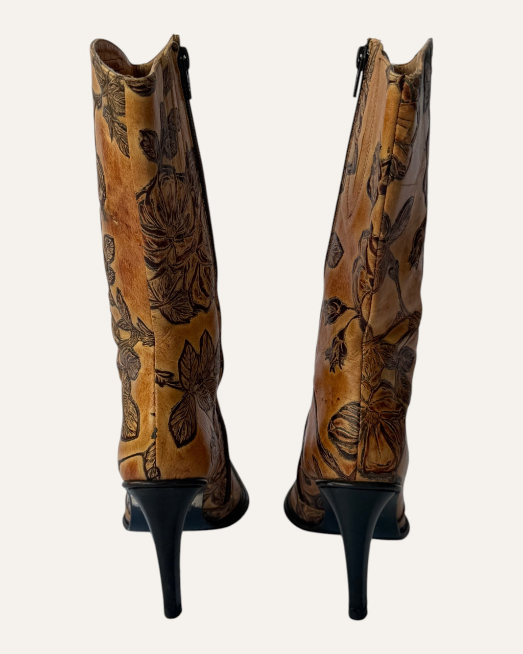 Andrew Stevens vintage camel leather mid-calf stiletto boot with tooled brown rose design and pointed western toe