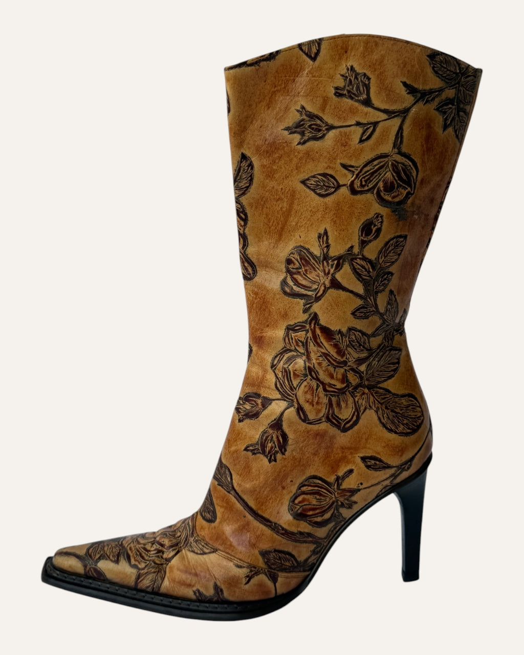 Andrew Stevens vintage camel leather mid-calf stiletto boot with tooled brown rose design and pointed western toe
