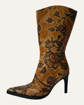 Andrew Stevens vintage camel leather mid-calf stiletto boot with tooled brown rose design and pointed western toe