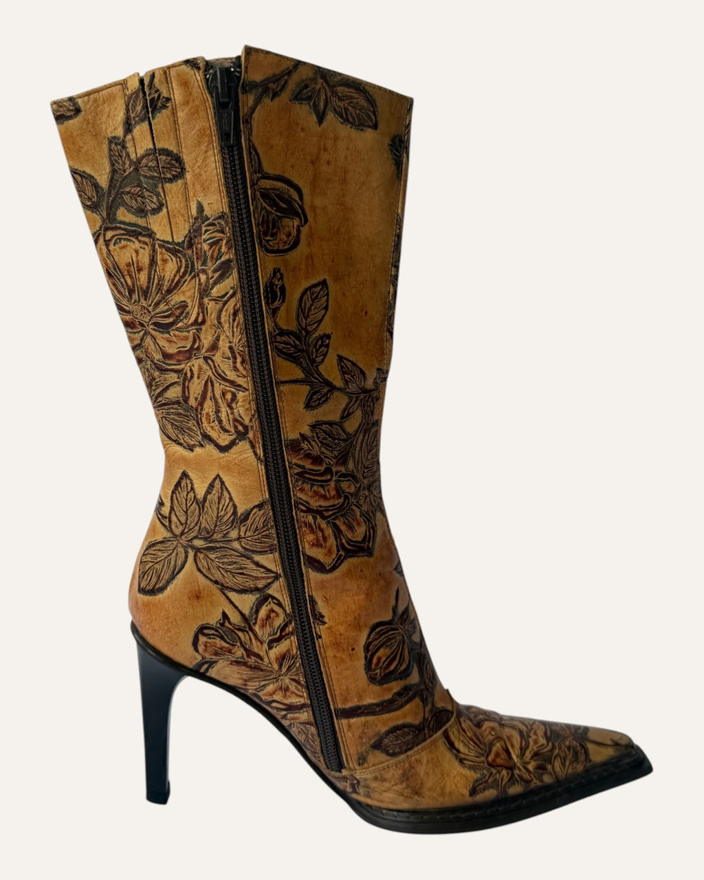 Andrew Stevens vintage camel leather mid-calf stiletto boot with tooled brown rose design and pointed western toe