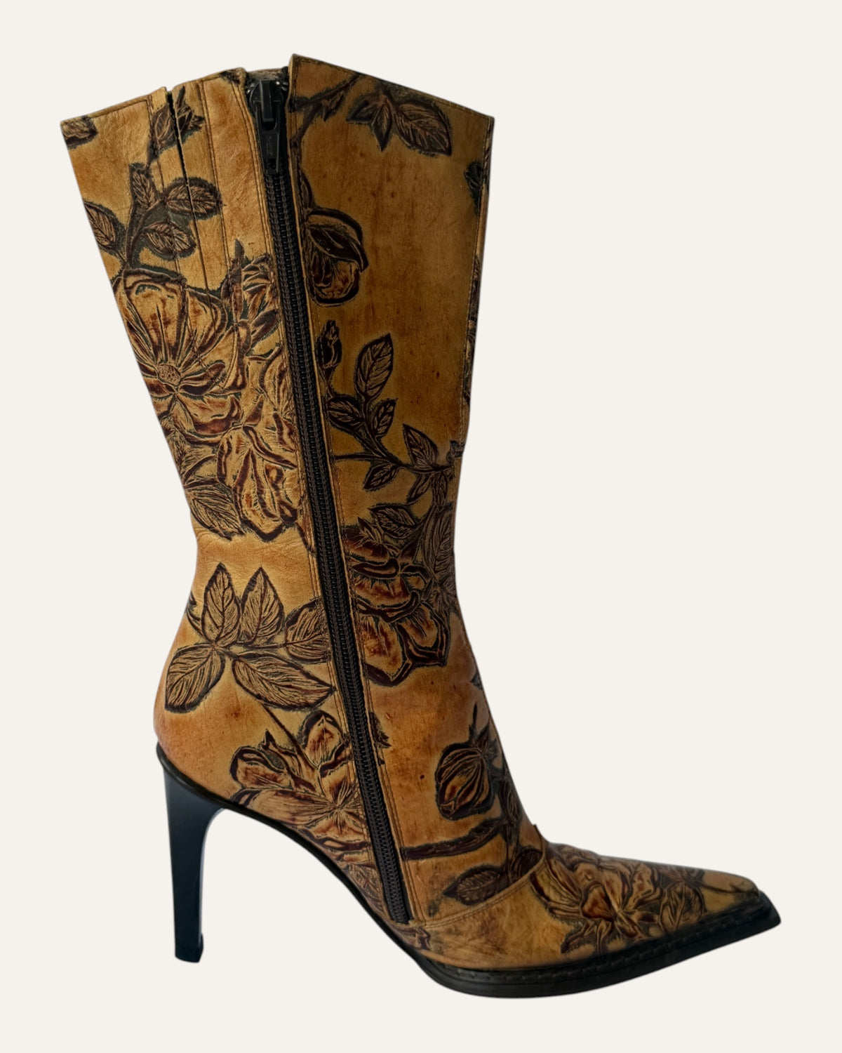 Andrew Stevens vintage camel leather mid-calf stiletto boot with tooled brown rose design and pointed western toe
