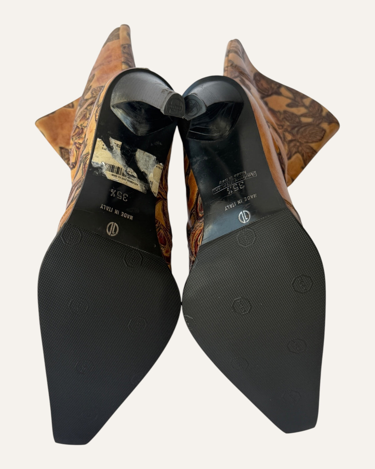 Andrew Stevens vintage camel leather mid-calf stiletto boot with tooled brown rose design and pointed western toe
