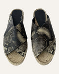 Vince snake-print leather slide sandals with wide crisscross straps and woven jute espadrille soles