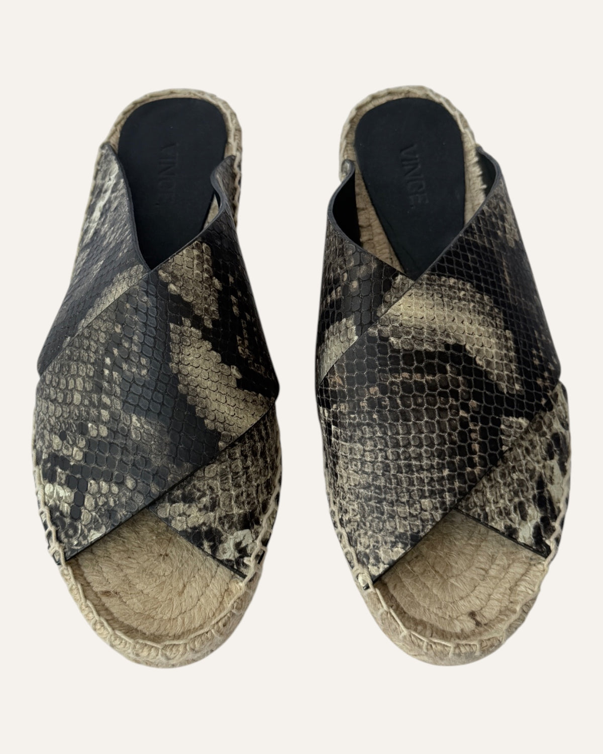 Vince snake-print leather slide sandals with wide crisscross straps and woven jute espadrille soles