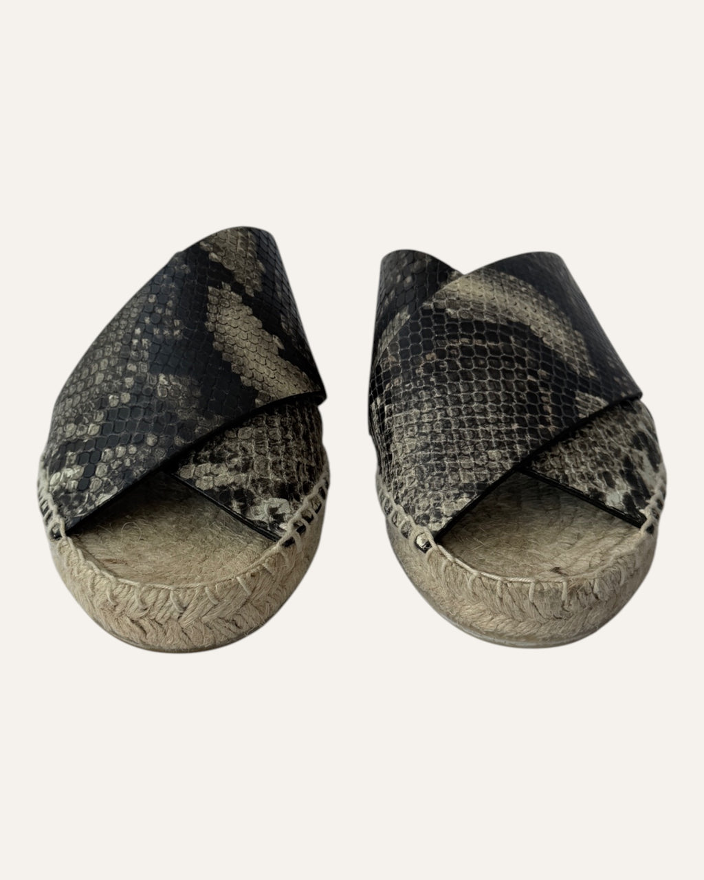 Vince snake-print leather slide sandals with wide crisscross straps and woven jute espadrille soles