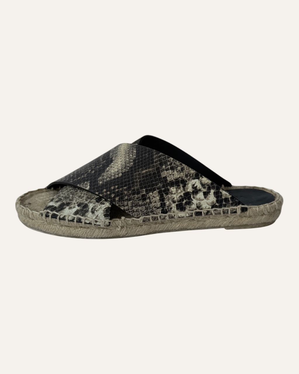 Vince snake-print leather slide sandals with wide crisscross straps and woven jute espadrille soles