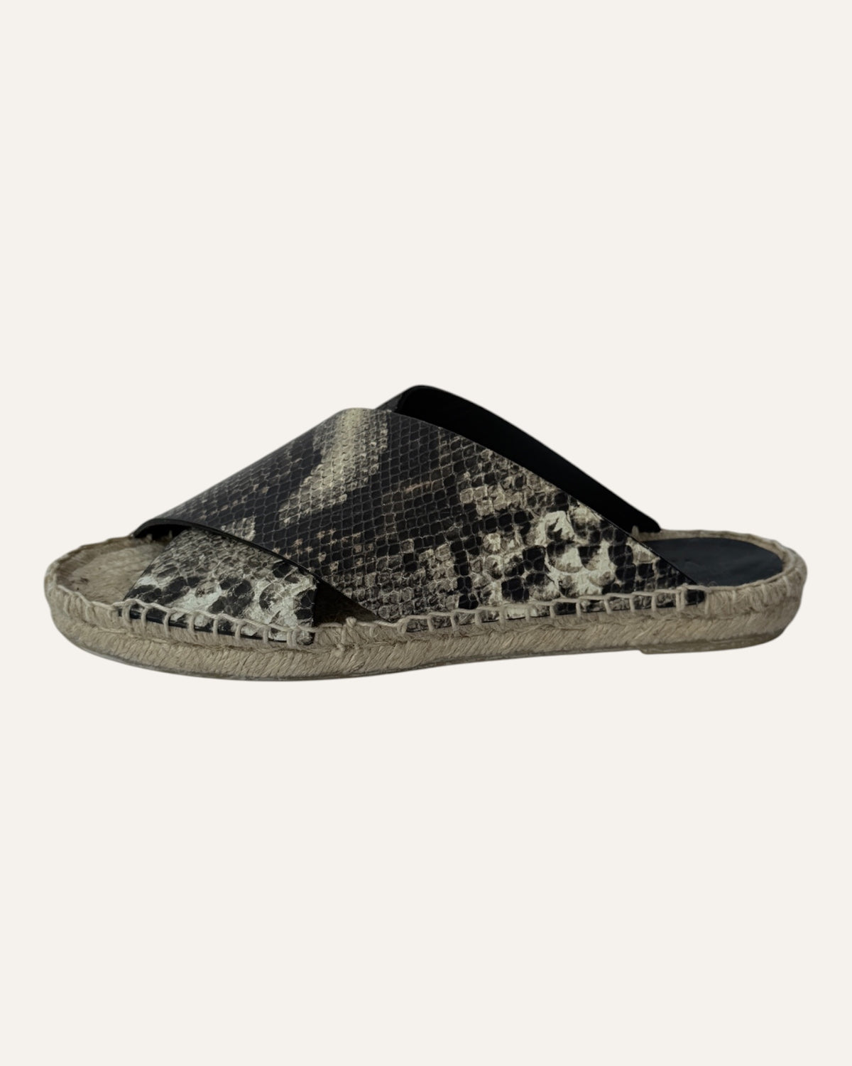 Vince snake-print leather slide sandals with wide crisscross straps and woven jute espadrille soles