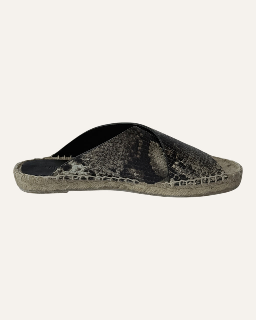 Vince snake-print leather slide sandals with wide crisscross straps and woven jute espadrille soles