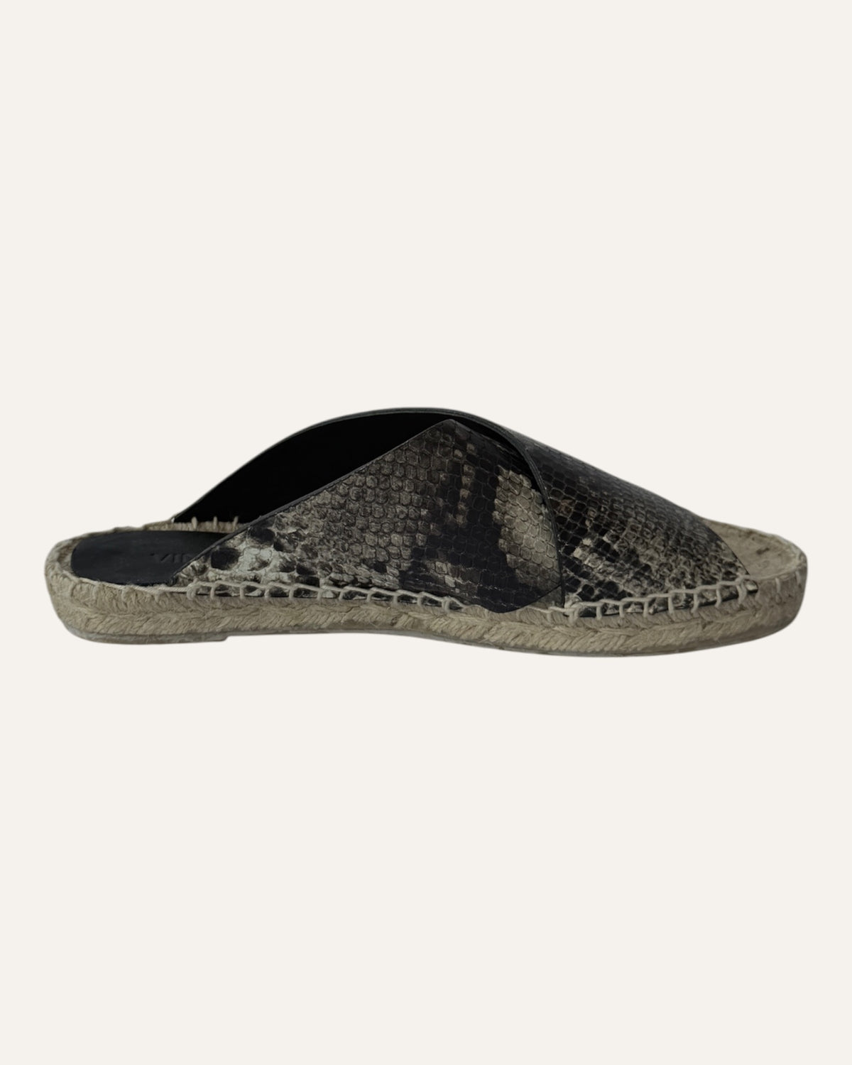 Vince snake-print leather slide sandals with wide crisscross straps and woven jute espadrille soles