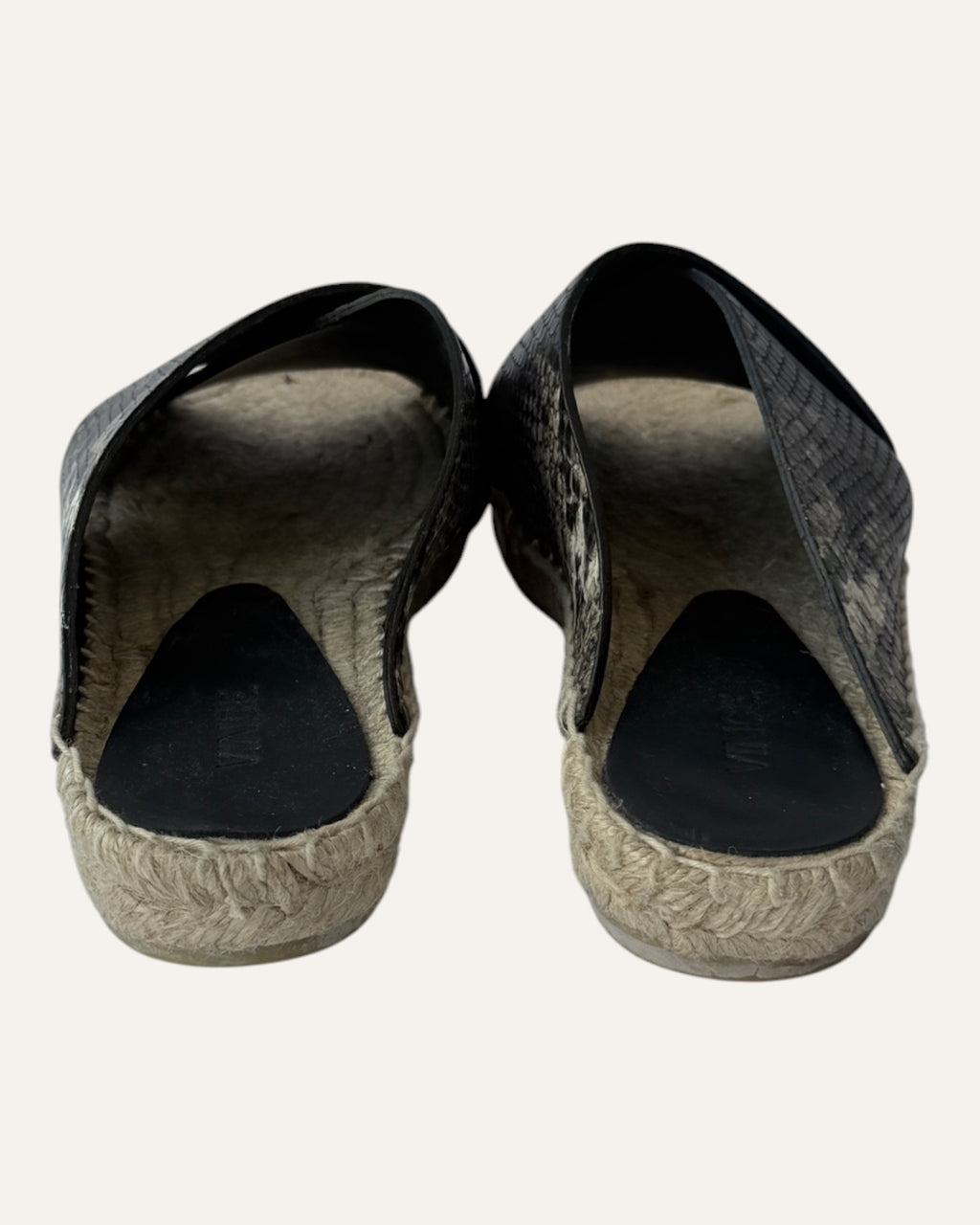 Vince snake-print leather slide sandals with wide crisscross straps and woven jute espadrille soles