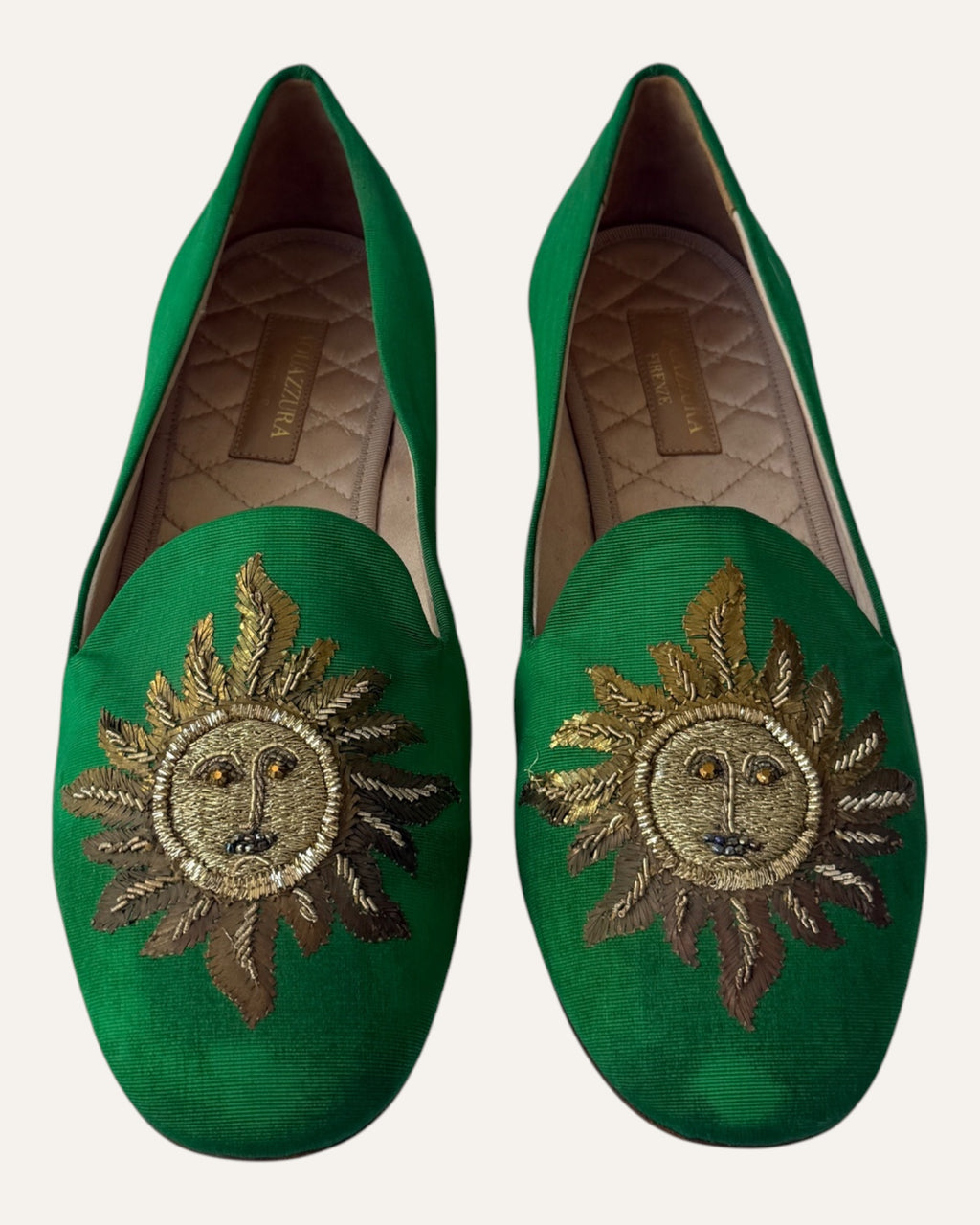Aquazzura green loafers with metallic gold embroidered sun face and beaded details on the toes