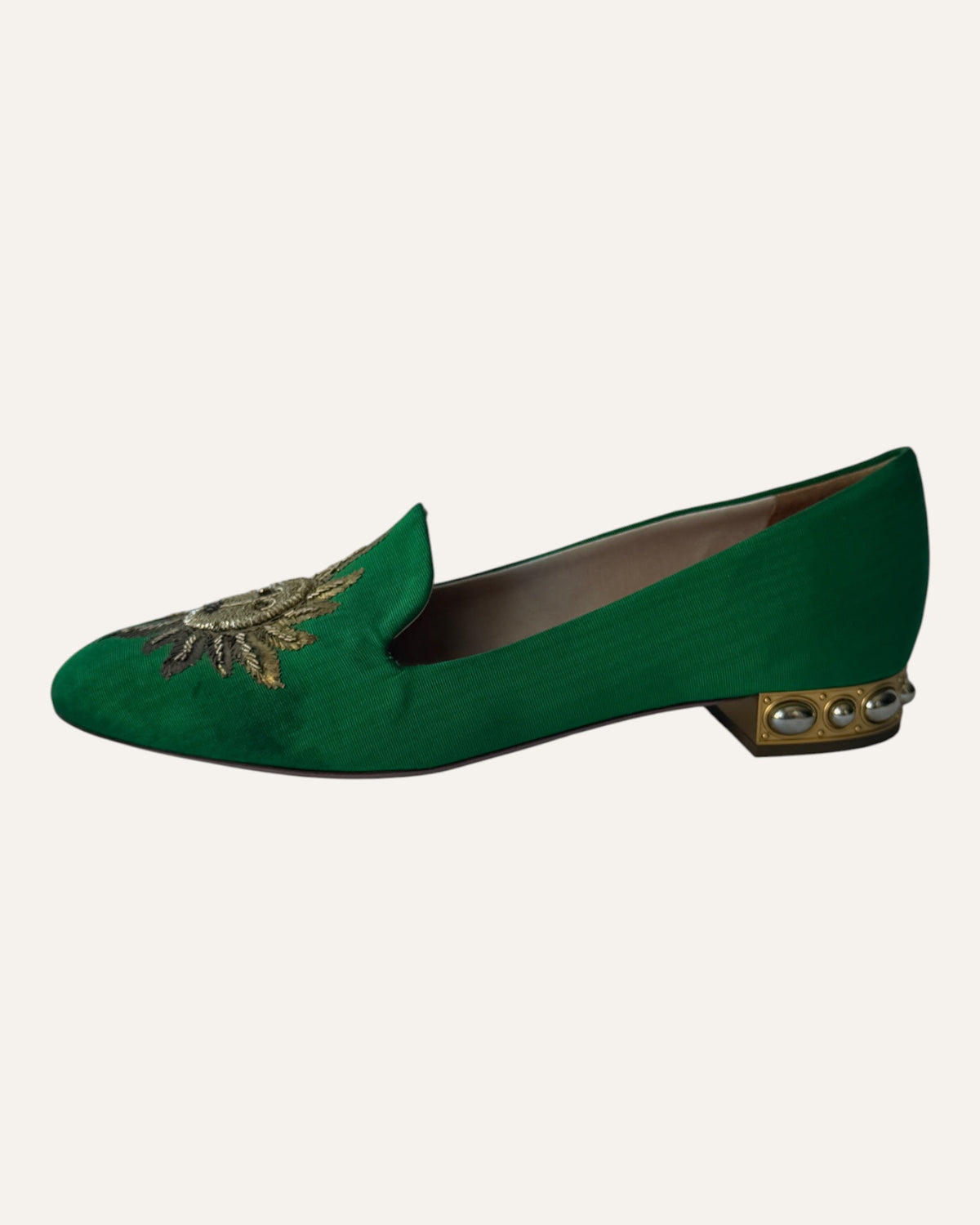 Aquazzura green loafers with metallic gold embroidered sun face and beaded details on the toes