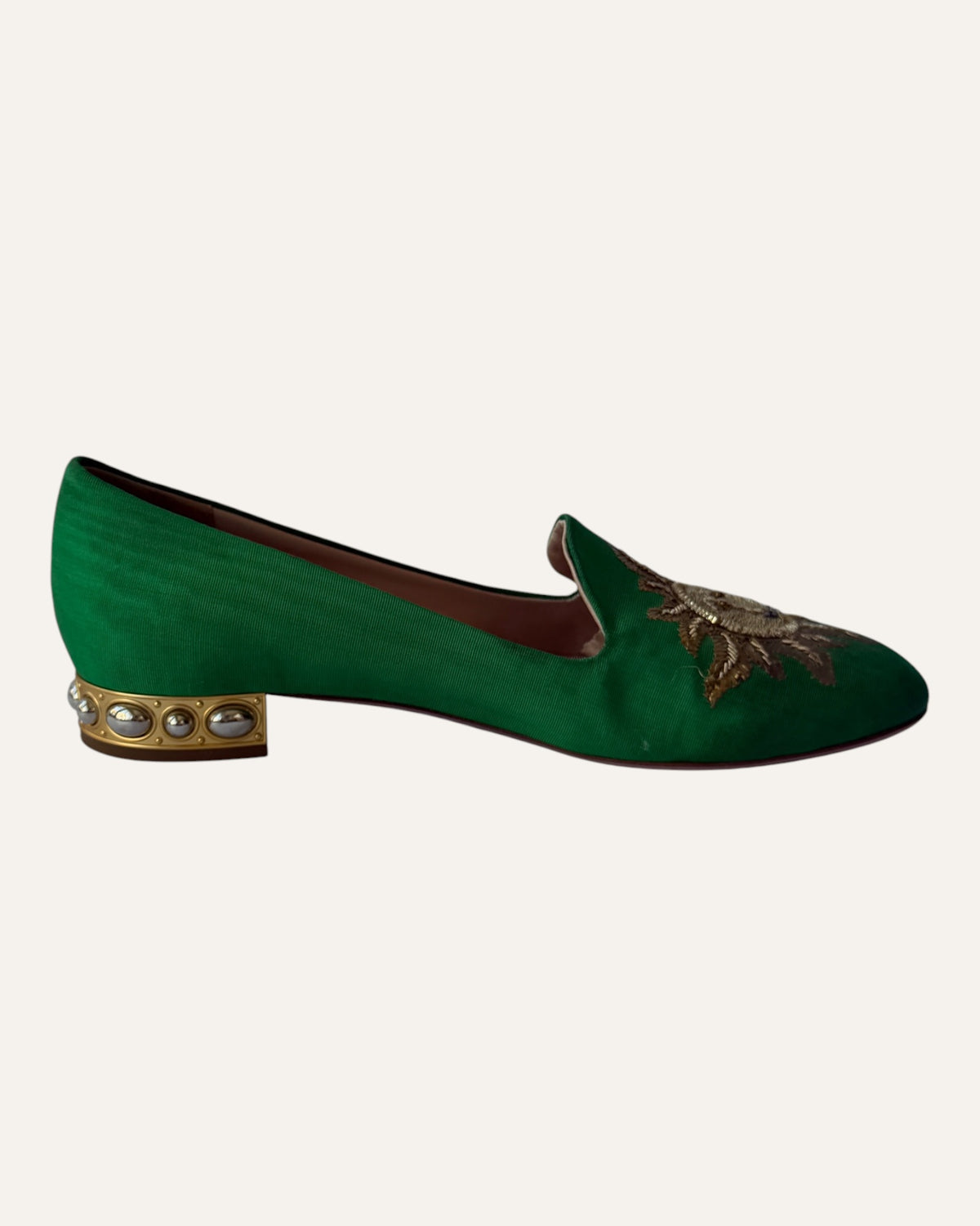 Aquazzura green loafers with metallic gold embroidered sun face and beaded details on the toes