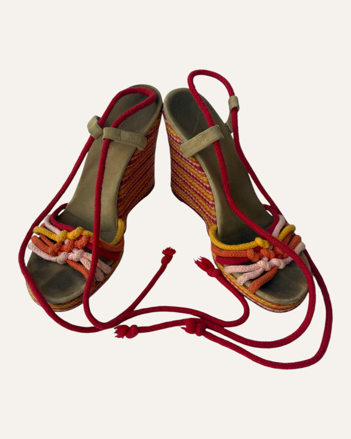 Vintage Marc Jacobs multicolor rope wedge sandal with braided toe straps, red wraparound ankle ties, and striped espadrille wedge