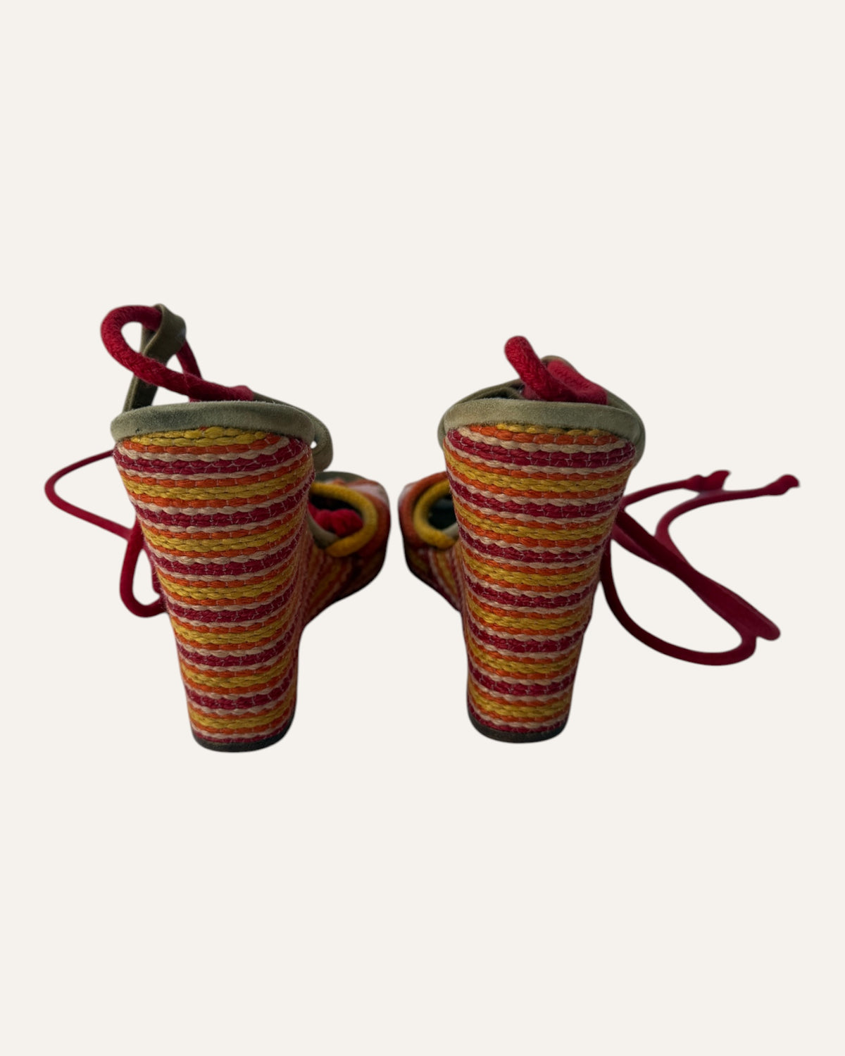 Vintage Marc Jacobs multicolor rope wedge sandal with braided toe straps, red wraparound ankle ties, and striped espadrille wedge