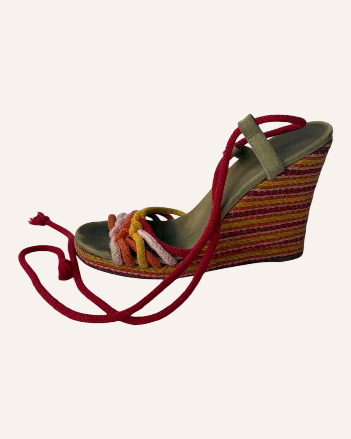 Vintage Marc Jacobs multicolor rope wedge sandal with braided toe straps, red wraparound ankle ties, and striped espadrille wedge