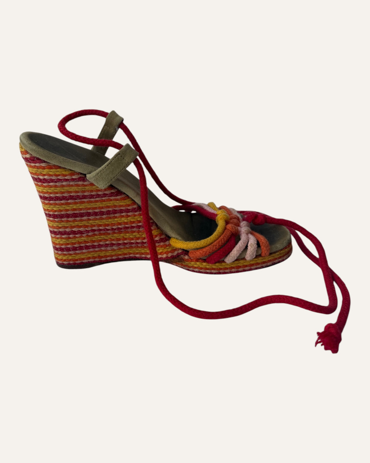 Vintage Marc Jacobs multicolor rope wedge sandal with braided toe straps, red wraparound ankle ties, and striped espadrille wedge