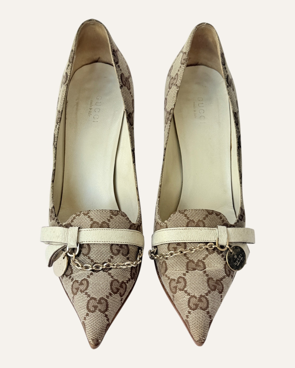 Gucci GG Canvas Pointed-Toe Pumps with Chain Charm, Size 7.5