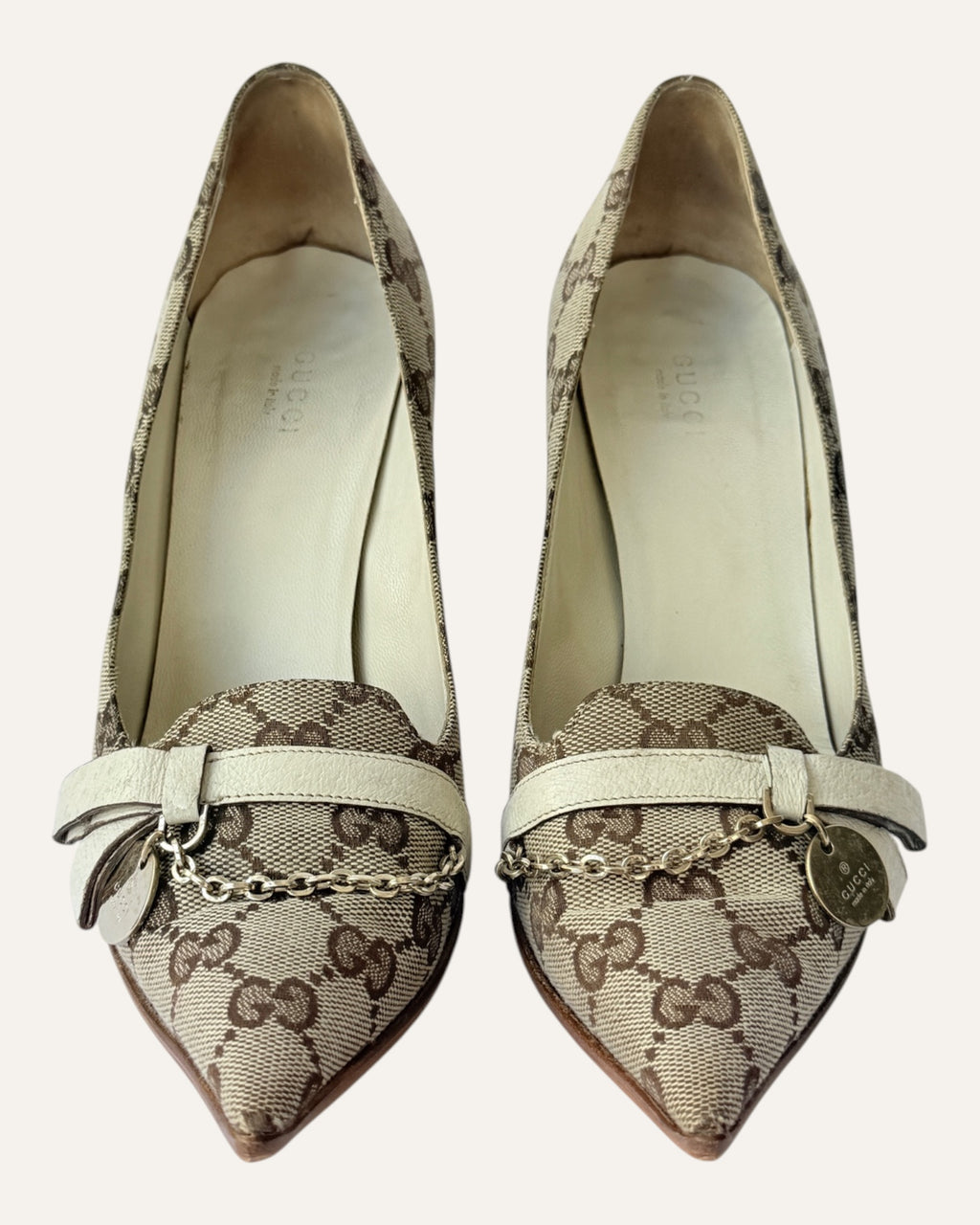 Gucci GG Canvas Pointed-Toe Pumps with Chain Charm, Size 7.5