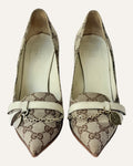 Gucci GG Canvas Pointed-Toe Pumps with Chain Charm, Size 7.5