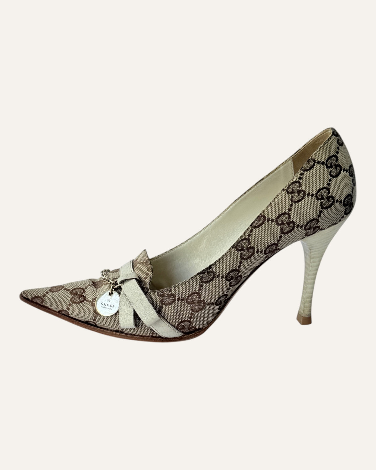 Gucci GG Canvas Pointed-Toe Pumps with Chain Charm, Size 7.5