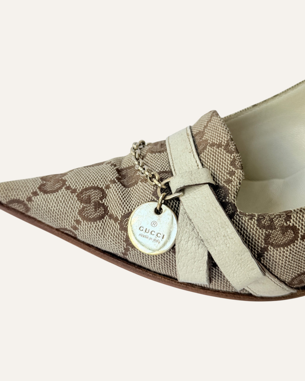 Gucci GG Canvas Pointed-Toe Pumps with Chain Charm, Size 7.5