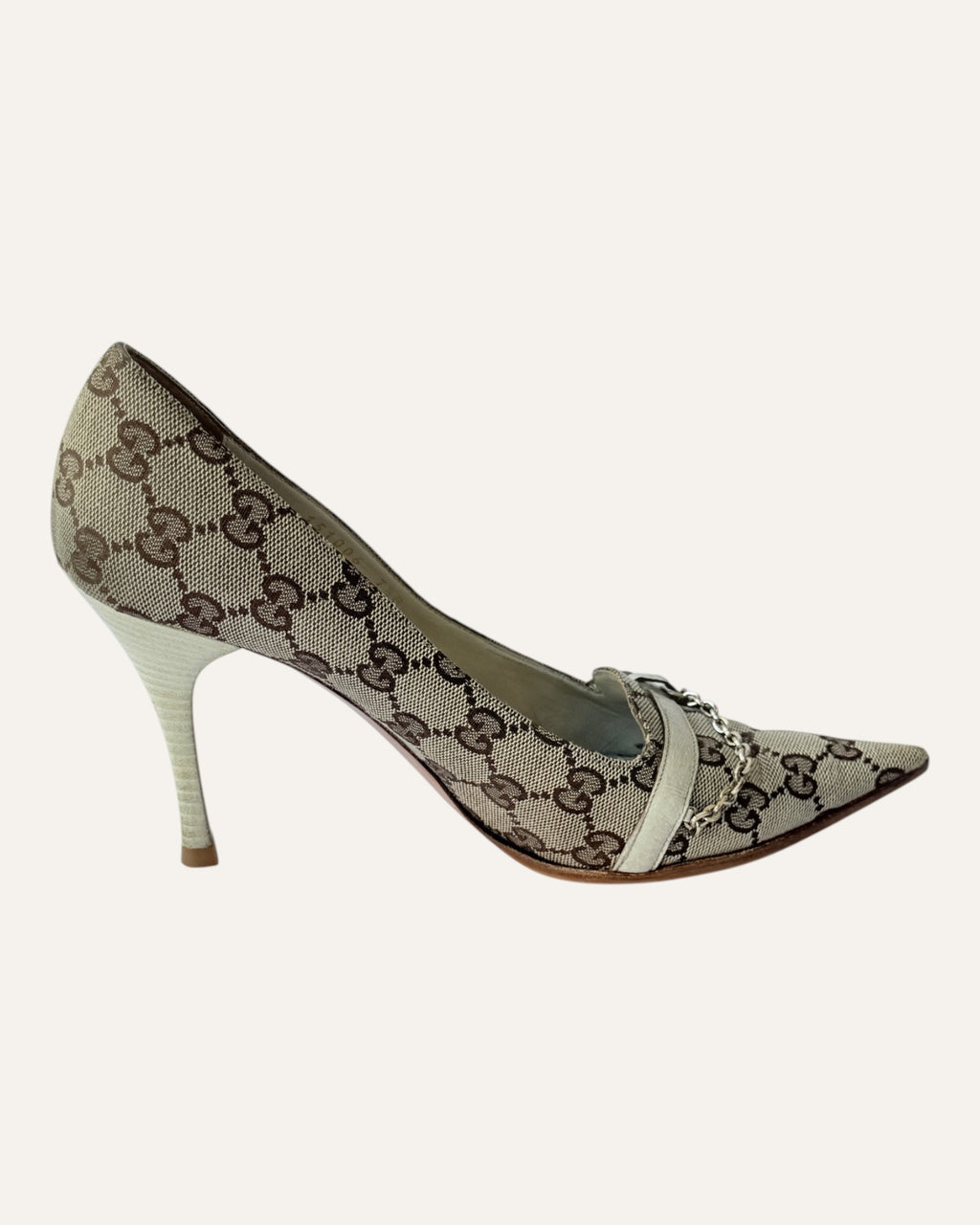 Gucci GG Canvas Pointed-Toe Pumps with Chain Charm, Size 7.5