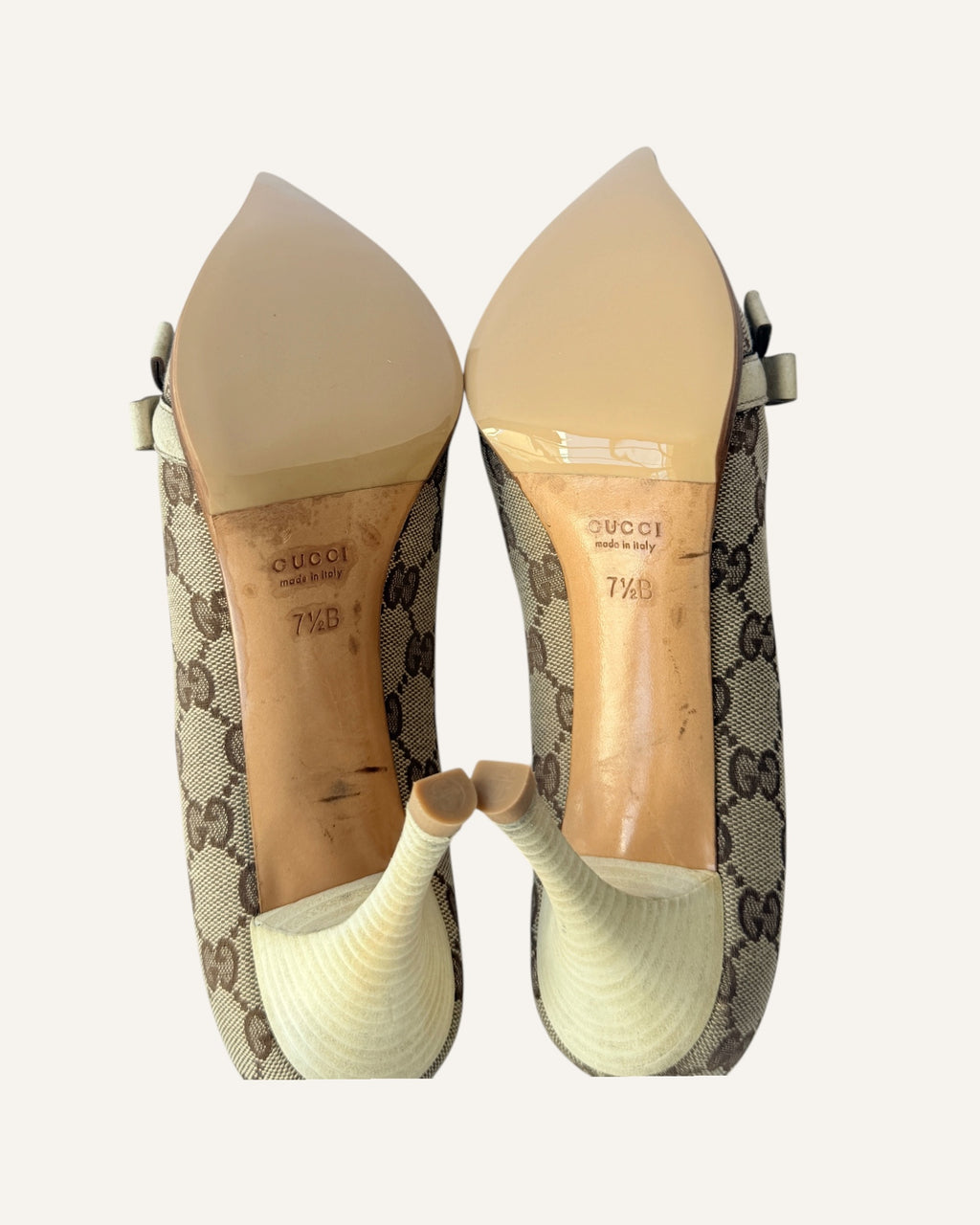 Vintage 2005 Gucci beige GG monogram canvas pointed-toe pumps with ivory leather strap, gold chain and logo charm, size 7.5