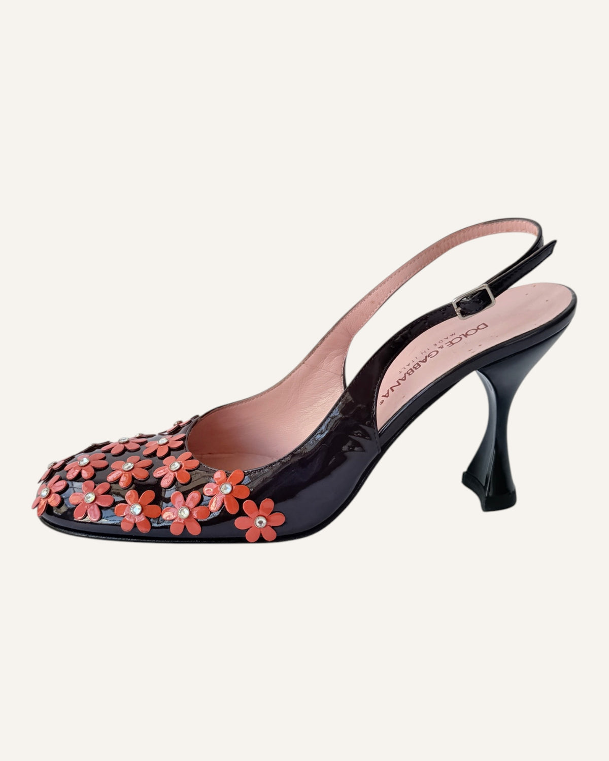 Dolce & Gabbana black patent leather slingback heels with coral floral appliqués and rhinestone centers, size 35.5