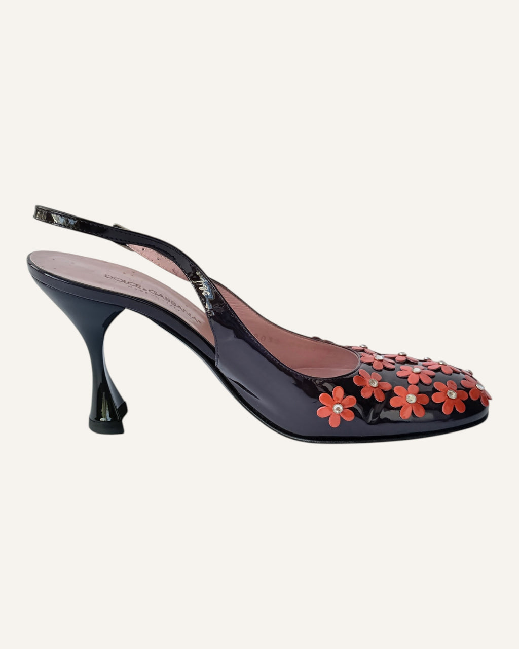 Dolce & Gabbana black patent leather slingback heels with coral floral appliqués and rhinestone centers, size 35.5