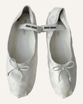 Miu Miu white satin Mary Jane ballet flats with leather bows and logo straps, size 40.5