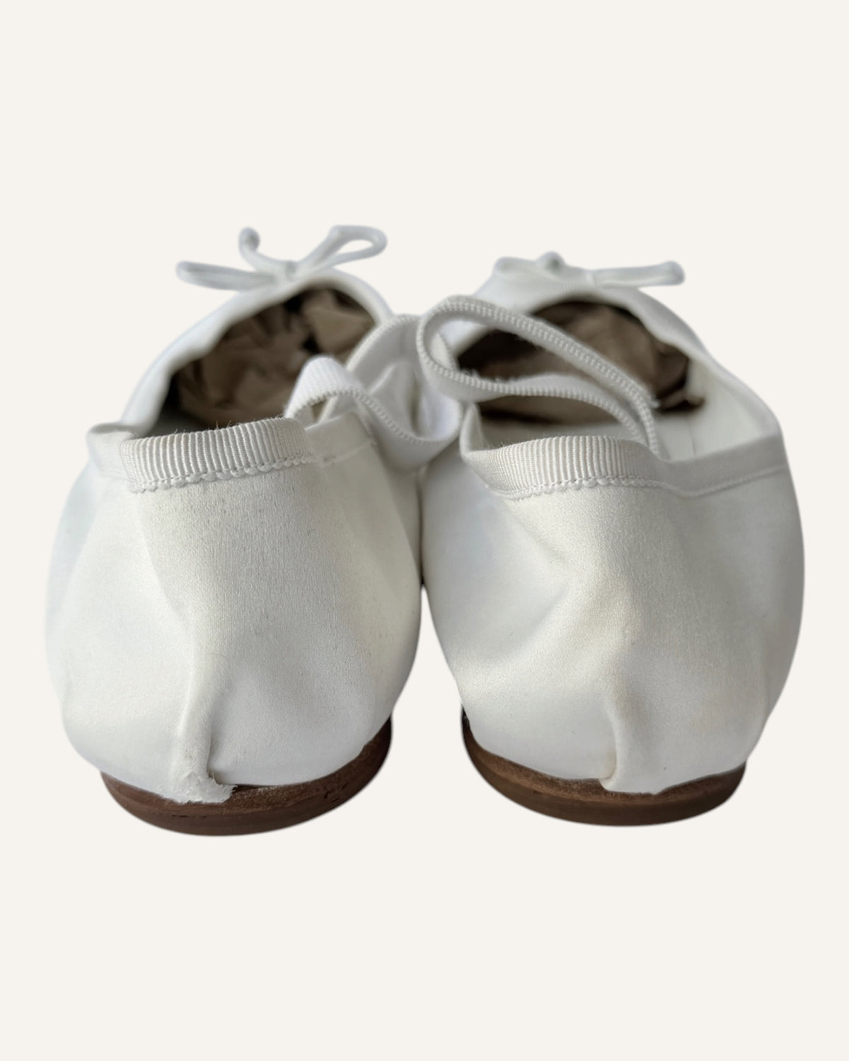 Miu Miu white satin Mary Jane ballet flats with leather bows and logo straps, size 40.5
