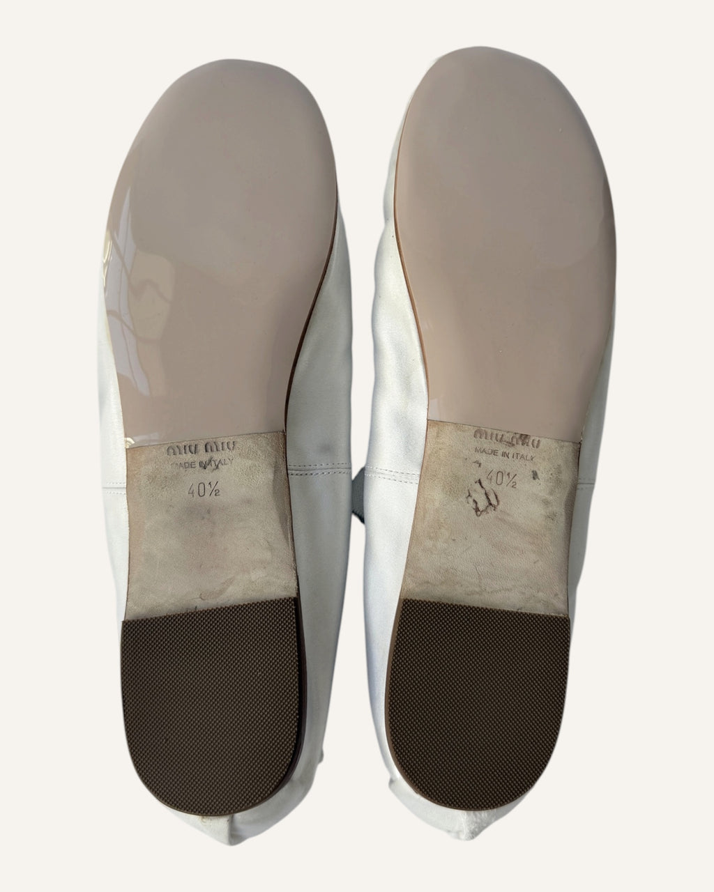Miu Miu white satin Mary Jane ballet flats with leather bows and logo straps, size 40.5