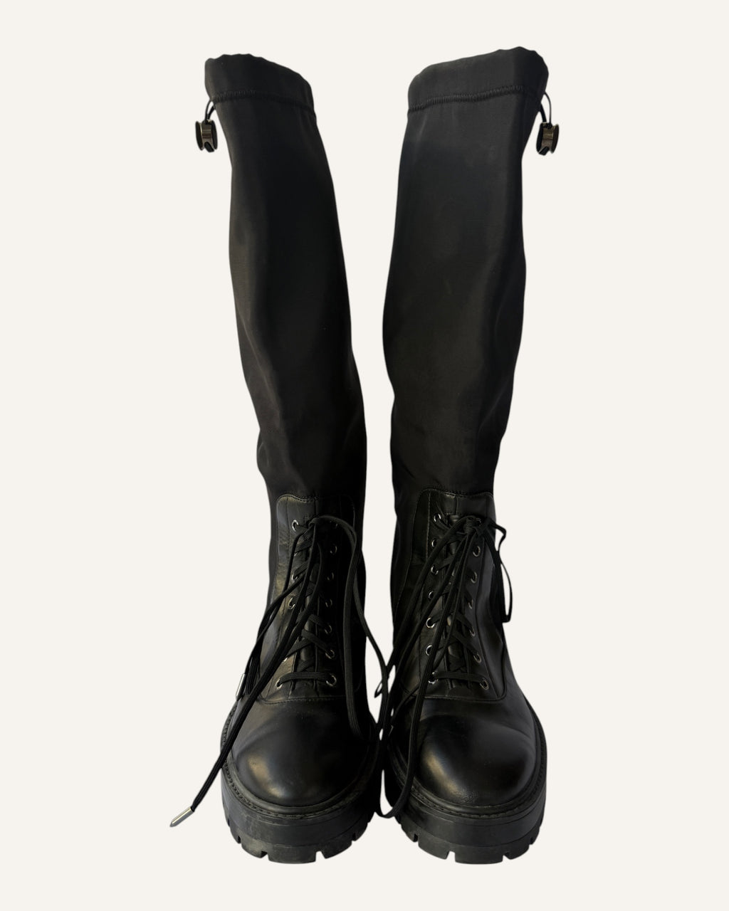 Aquazzura 45 black leather and nylon knee-high rain boot with lace-up lower and drawstring shaft