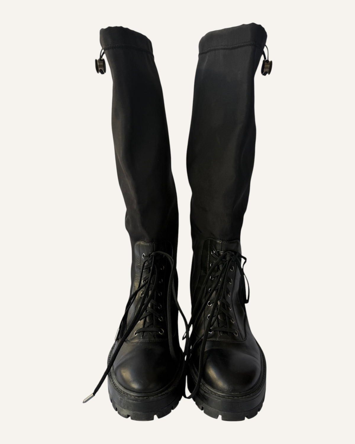 Aquazzura 45 black leather and nylon knee-high rain boot with lace-up lower and drawstring shaft