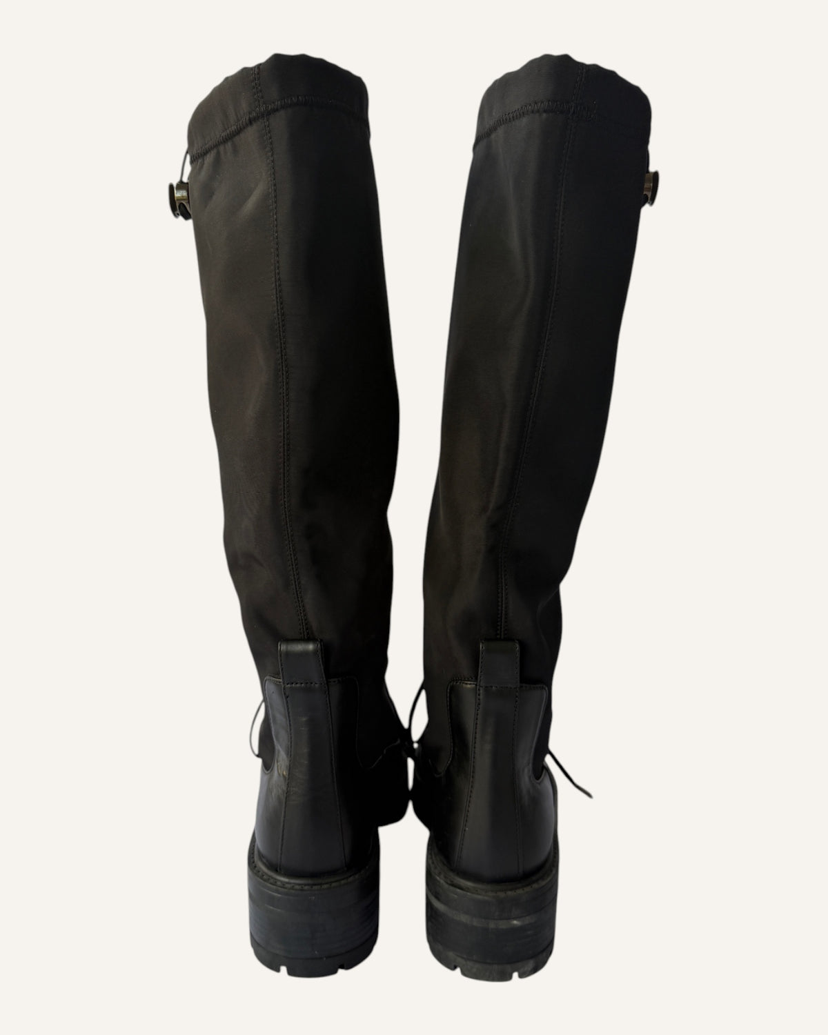 Aquazzura 45 black leather and nylon knee-high rain boot with lace-up lower and drawstring shaft