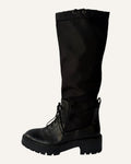 Aquazzura 45 black leather and nylon knee-high rain boot with lace-up lower and drawstring shaft