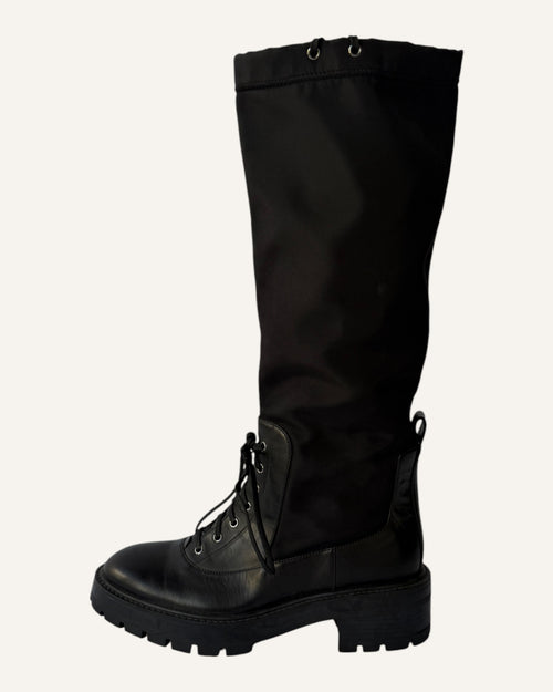Aquazzura 45 black leather and nylon knee-high rain boot with lace-up lower and drawstring shaft