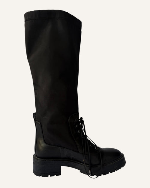 Aquazzura 45 black leather and nylon knee-high rain boot with lace-up lower and drawstring shaft
