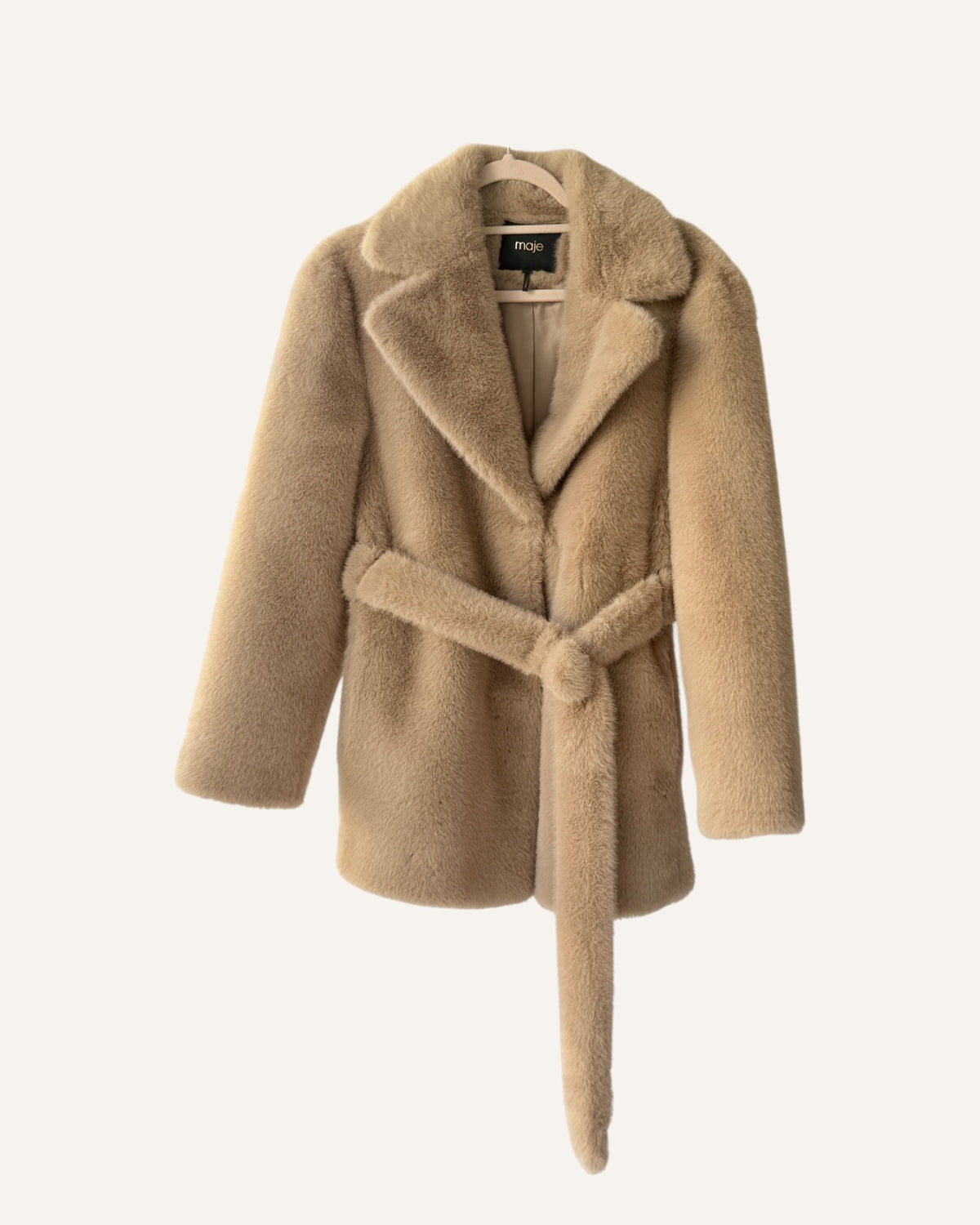 Maje beige faux fur belted coat with oversized notched lapels and matching tie belt, size 34