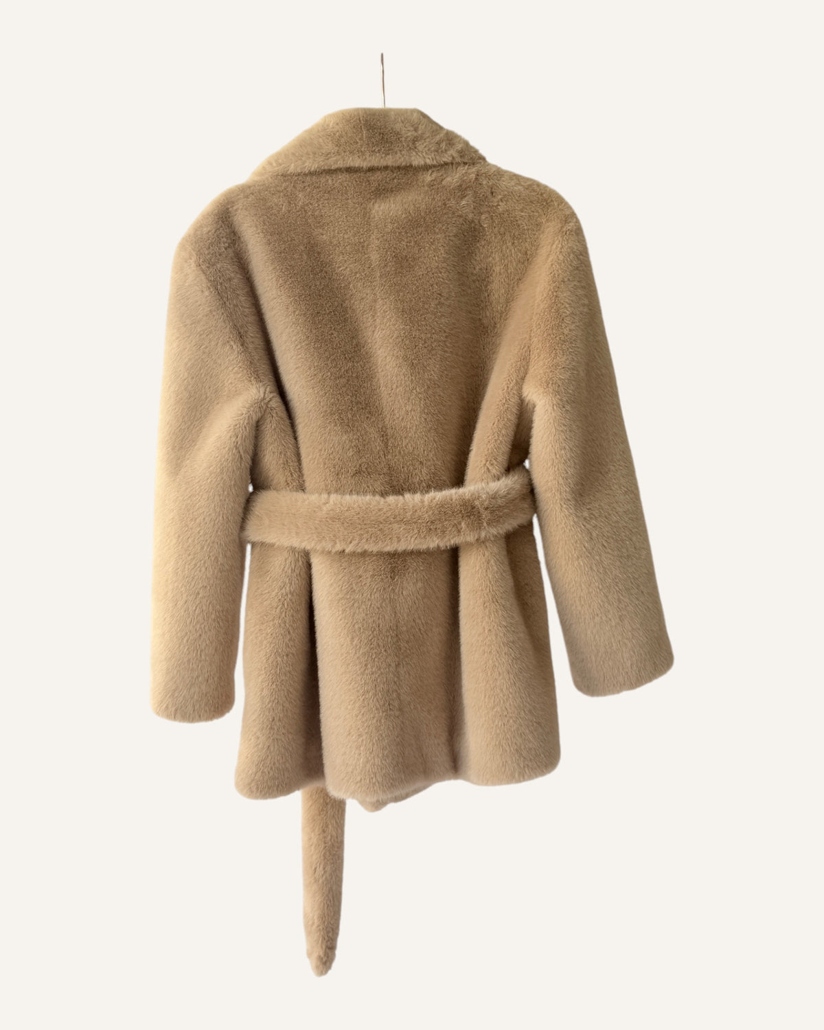 Maje beige faux fur belted coat with oversized notched lapels and matching tie belt, size 34