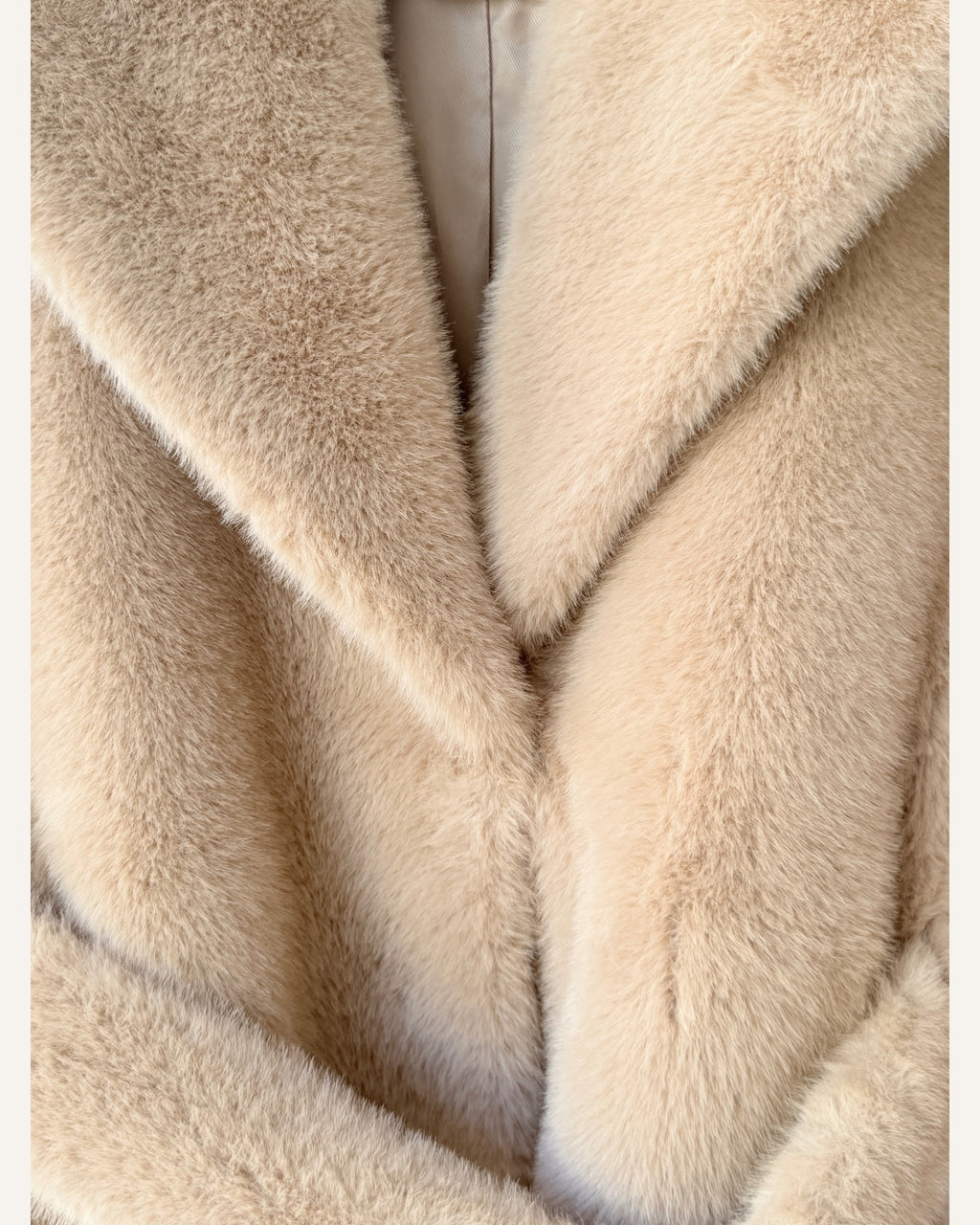 Maje beige faux fur belted coat with oversized notched lapels and matching tie belt, size 34