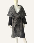 Norma Kamali black and white houndstooth plaid belted cape coat with oversized convertible collar, size 42 XL