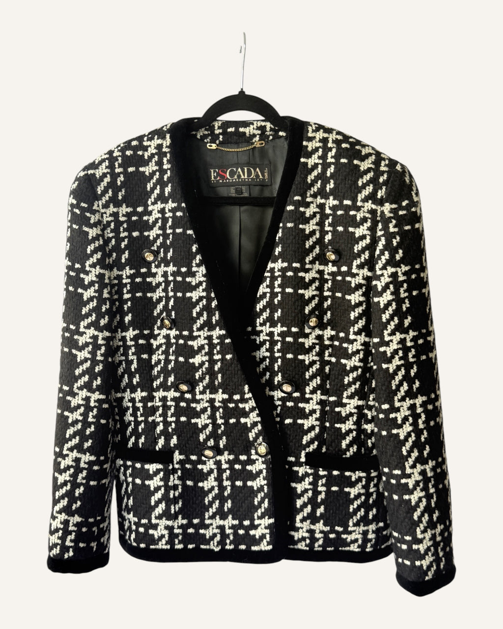 Vintage Escada by Margaretha Ley black and ivory tweed double-breasted blazer with velvet trim and gold-tone buttons, size 42