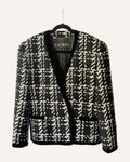 Vintage Escada by Margaretha Ley black and ivory tweed double-breasted blazer with velvet trim and gold-tone buttons, size 42