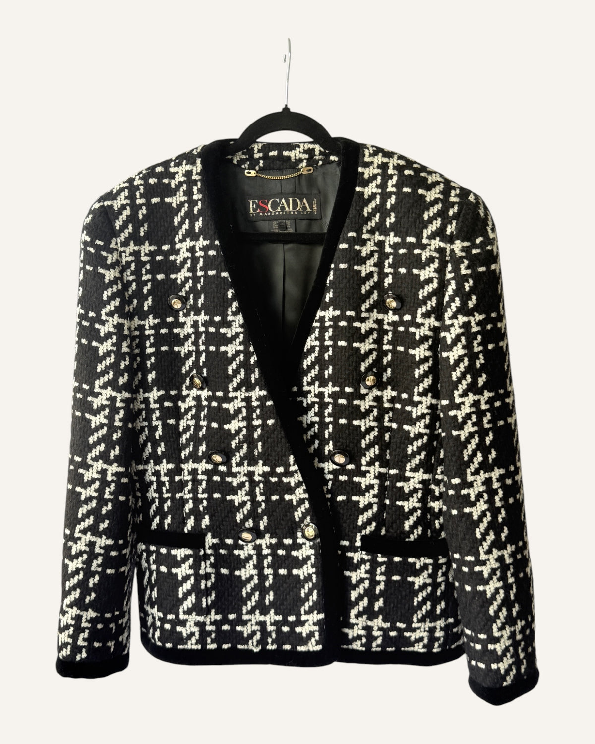 Vintage Escada by Margaretha Ley black and ivory tweed double-breasted blazer with velvet trim and gold-tone buttons, size 42