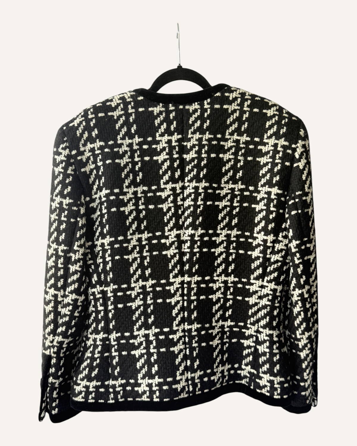 Vintage Escada by Margaretha Ley black and ivory tweed double-breasted blazer with velvet trim and gold-tone buttons, size 42