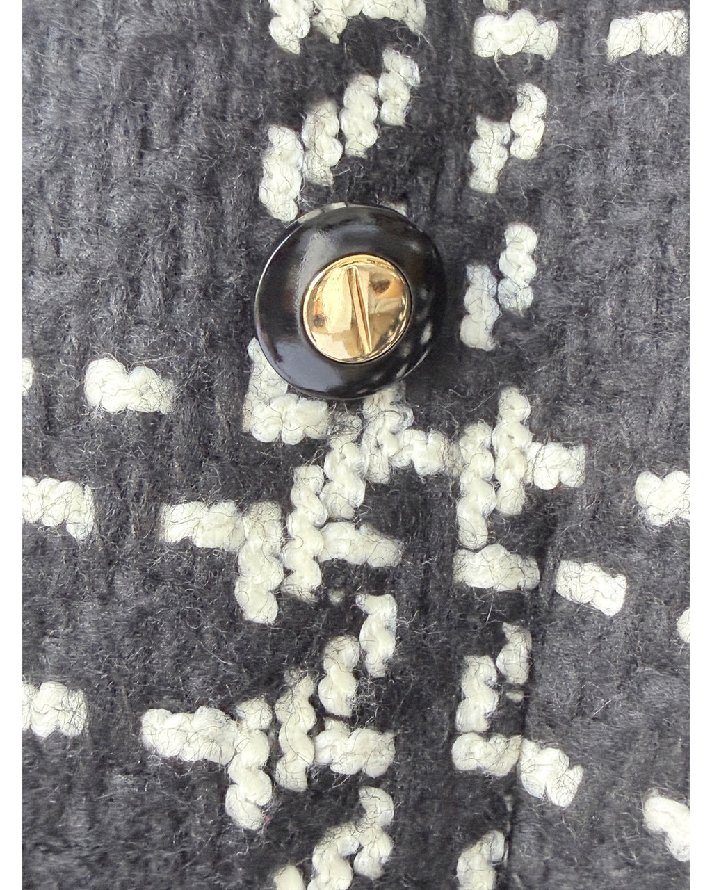 Vintage Escada by Margaretha Ley black and ivory tweed double-breasted blazer with velvet trim and gold-tone buttons, size 42
