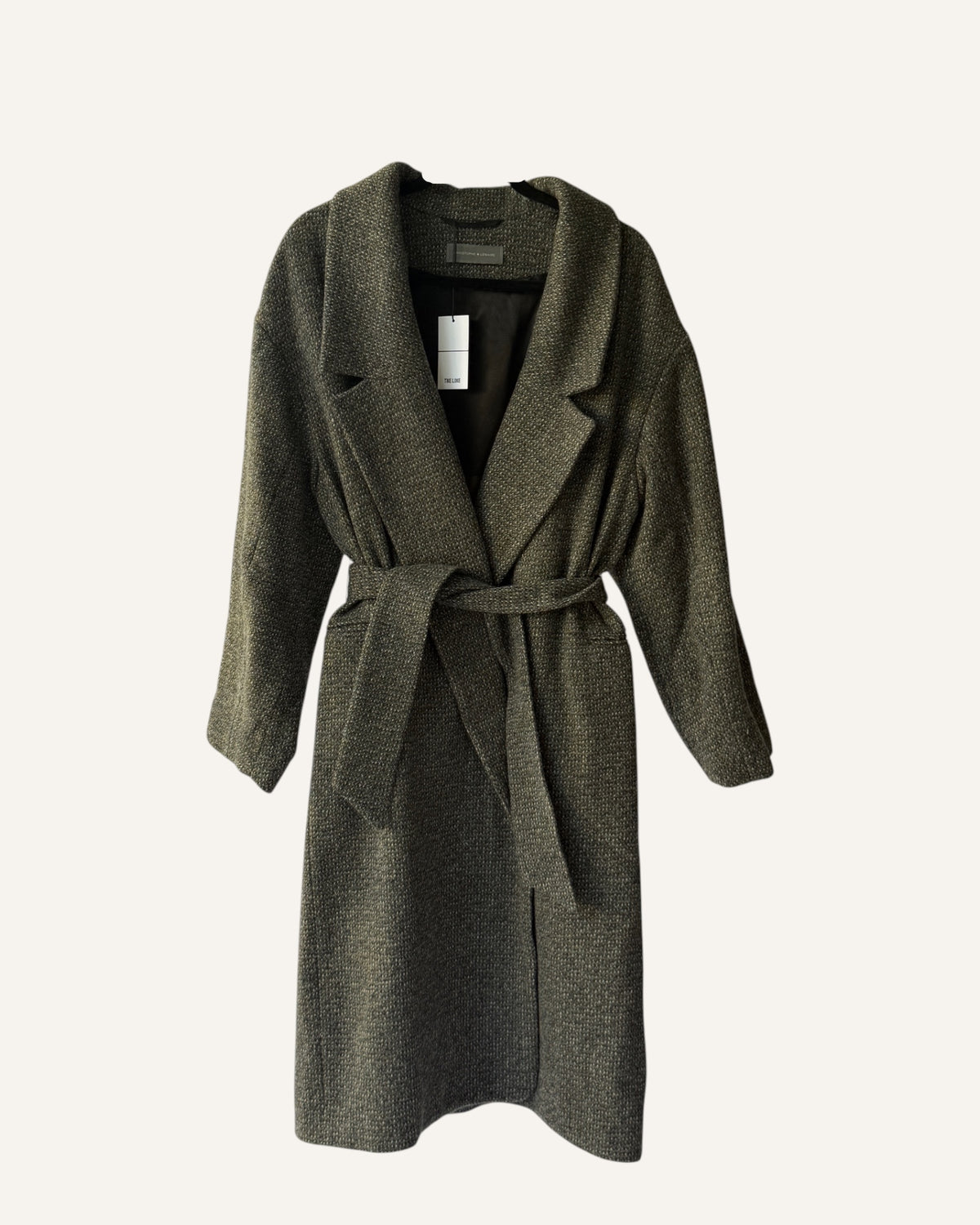 Christophe Lemaire grey marl lambswool tweed belted coat with wrap silhouette and self-tie belt, size 2