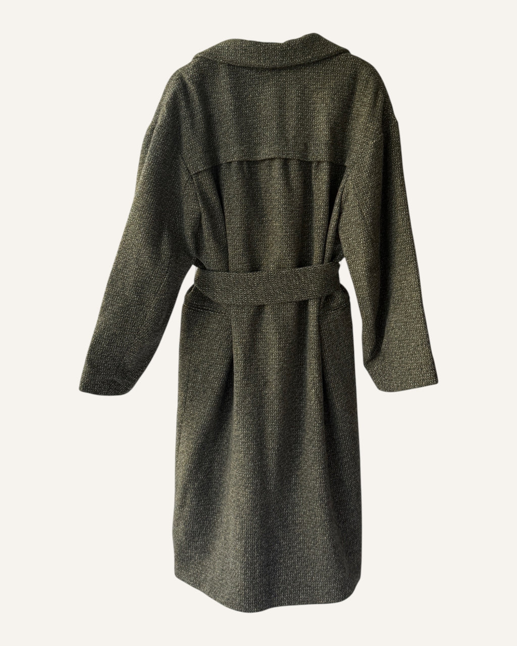 Christophe Lemaire grey marl lambswool tweed belted coat with wrap silhouette and self-tie belt, size 2